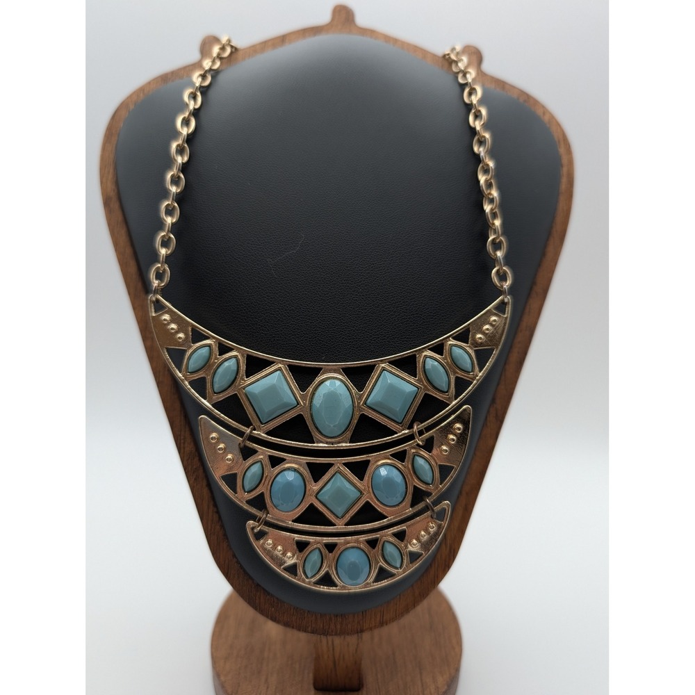 Unsigned Gold Tone Turquoise Cabochon Tiered Bib Statement Necklace Boho Teal